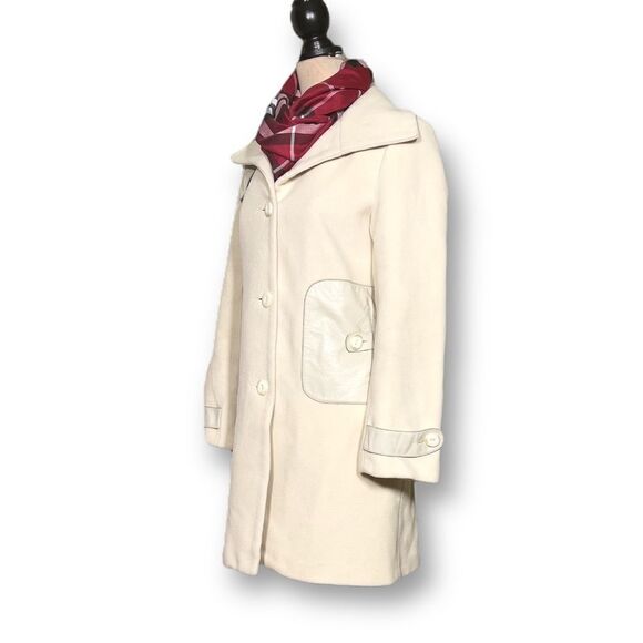 Mackage Wool Mid Length Cream Coloured Pea Coat with Leather Accents, Medium - Picture 5 of 14